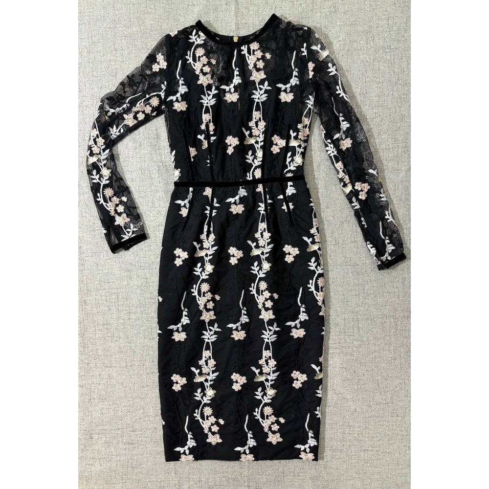 Bronx & Banco Women Dress Medium 6 Black Floral Lace Midi Velvet Trim Zip